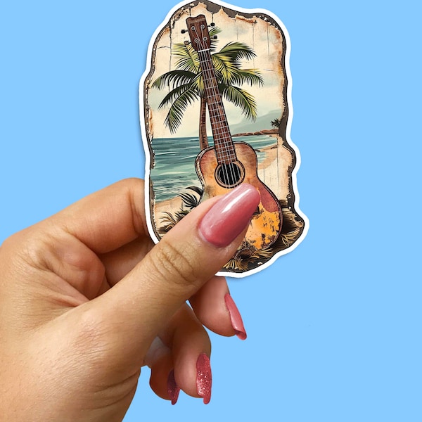 Acoustic Guitar Sticker, Tropical Beach Decor, Vintage Hawaii Scene, Palm Tree Adhesive, Ocean View Music, Sunset Beach, Coastal Wall Decal