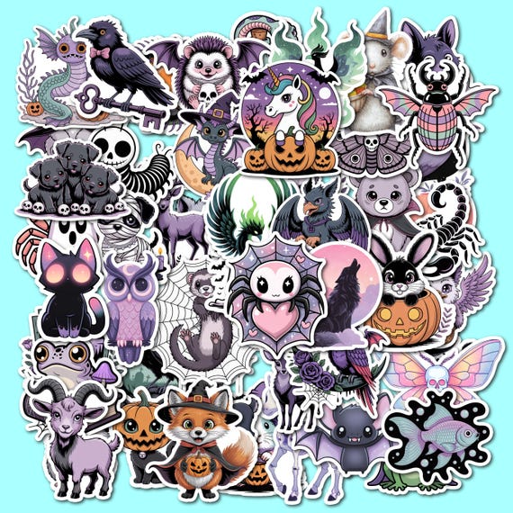 50 Gothic Halloween Stickers Pack – Cute Spooky Creatures, Witches, Bats, Pumpkins, Ghost Animals, Kawaii Horror Vinyl for Planners & Gifts