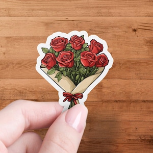 Bellissimo adesivo con bouquet di rose rosse, adesivi floreali, adesivi impermeabili per laptop, decalcomanie romantiche, adesivi estetici per album di ritagli