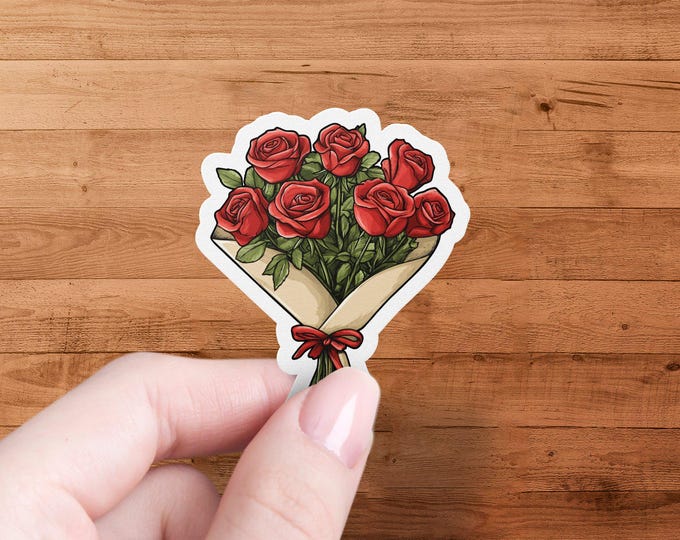 Beautiful Red Rose Bouquet Sticker, Floral Flower Stickers, Waterproof Laptop Stickers, Romantic Decal, Aesthetic Scrapbook Sticker