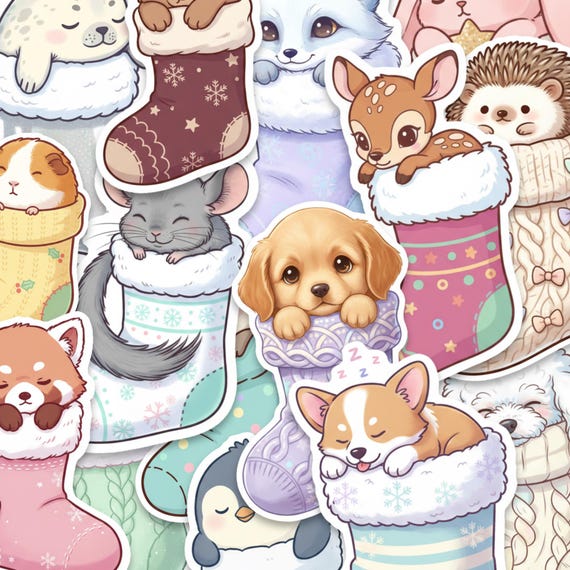 Christmas Animal Sticker Pack – 15 Kawaii Vinyl Holiday Stickers with Cozy Stockings
