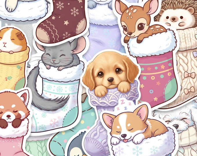 Christmas Animal Sticker Pack – 15 Kawaii Vinyl Holiday Stickers with Cozy Stockings