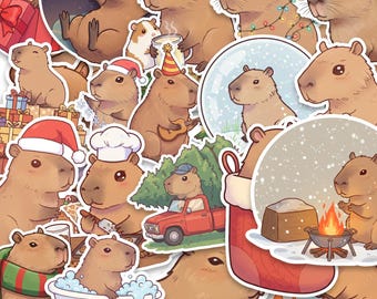 Holiday Capybara Sticker Pack - 25 Cozy Vinyl Christmas Stickers for Journals, Gifts, Scrapbooking