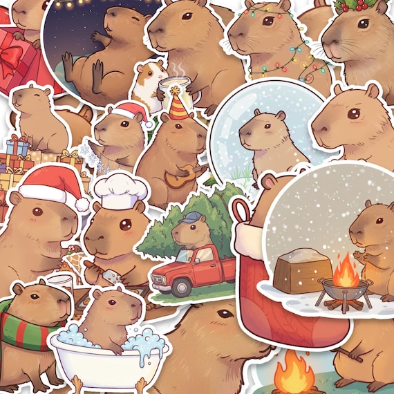 Holiday Capybara Sticker Pack – 25 Cozy Vinyl Christmas Stickers for Journals, Gifts, Scrapbooking