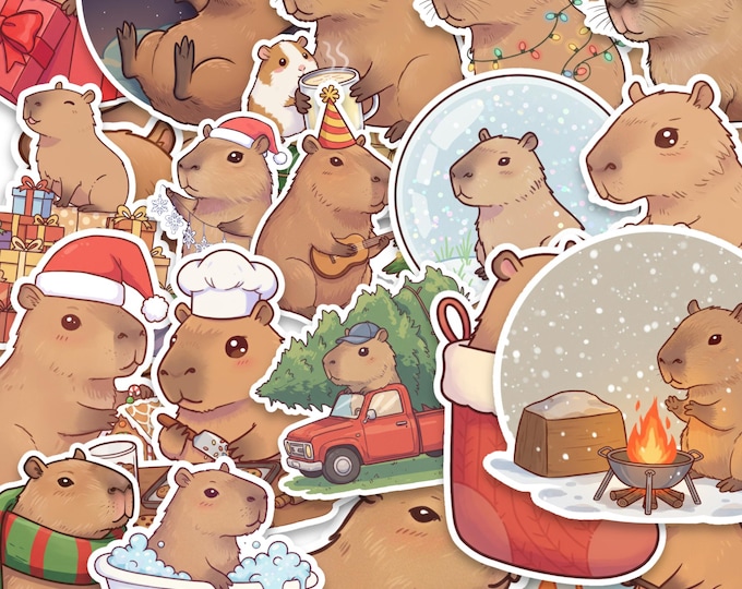 Holiday Capybara Sticker Pack - 25 Cozy Vinyl Christmas Stickers for Journals, Gifts, Scrapbooking