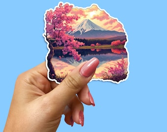 Mount Fuji Sticker, Cherry Blossom Decal, Japan Scenery, Sakura Blossoms, Nature Art, Vibrant Floral, Asian Landscape, Travel Souvenir