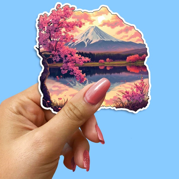 Mount Fuji Sticker, Cherry Blossom Decal, Japan Scenery, Sakura Blossoms, Nature Art, Vibrant Floral, Asian Landscape, Travel Souvenir