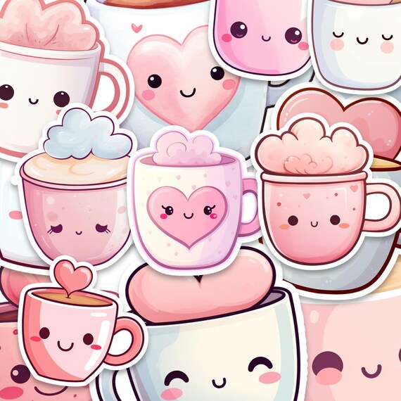 Kawaii Coffee Cup Stickers: 15-Pack Watercolour Vinyl Decals