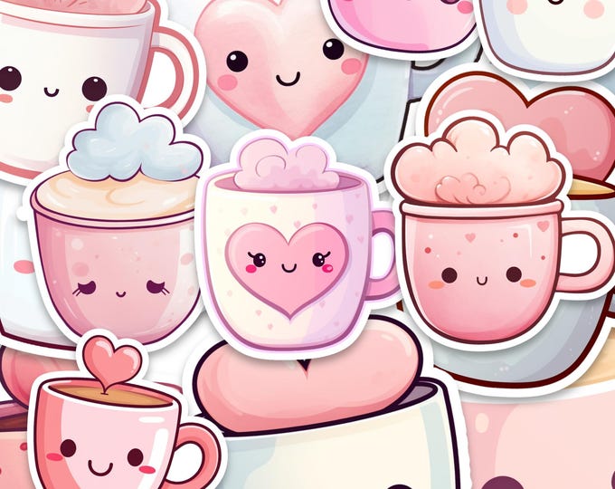 Kawaii Coffee Cup Stickers: 15-Pack Watercolour Vinyl Decals