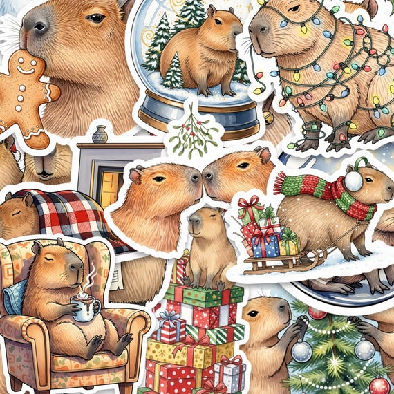 Glossy Christmas Capybara Sticker Pack 2 Inch Vinyl Set of 15