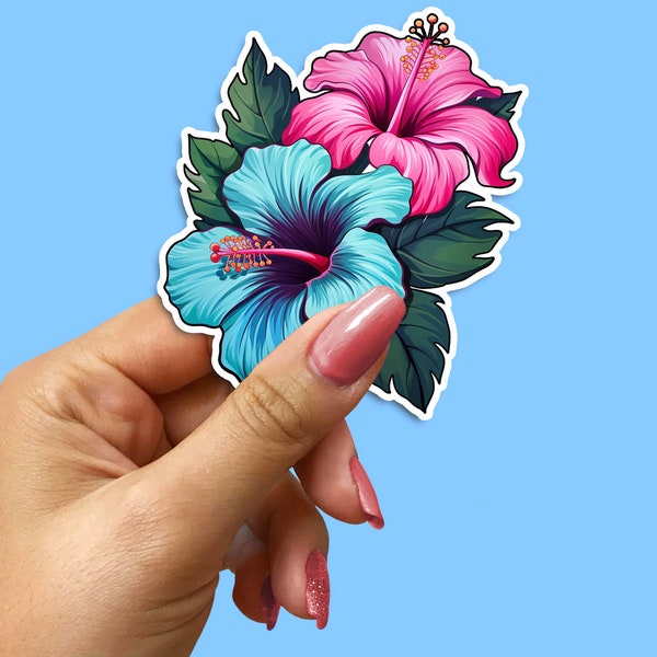 Colourful Hibiscus Flower Decal - Vibrant Turquoise and Pink Sticker - Perfect for Laptops, Notebooks, Water Bottles -Tropical Floral Design