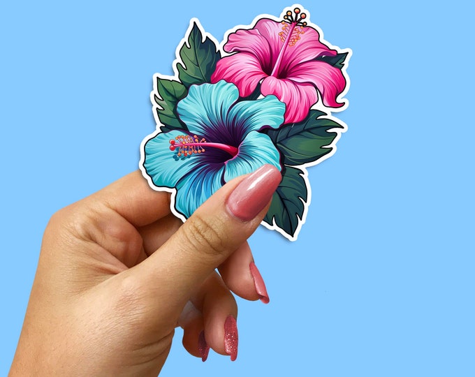 Colourful Hibiscus Flower Decal - Vibrant Turquoise and Pink Sticker - Perfect for Laptops, Notebooks, Water Bottles -Tropical Floral Design