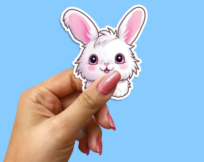 Fluffy White Bunny Sticker, Rabbit Vinyl Decal for Laptops, Water-Bottles Car Windows - Easter Gift
