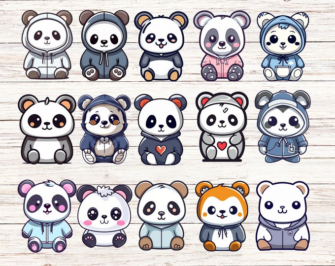 Kawaii Panda Stickers - Animal Decals, Scrapbooking (15 pc Set)