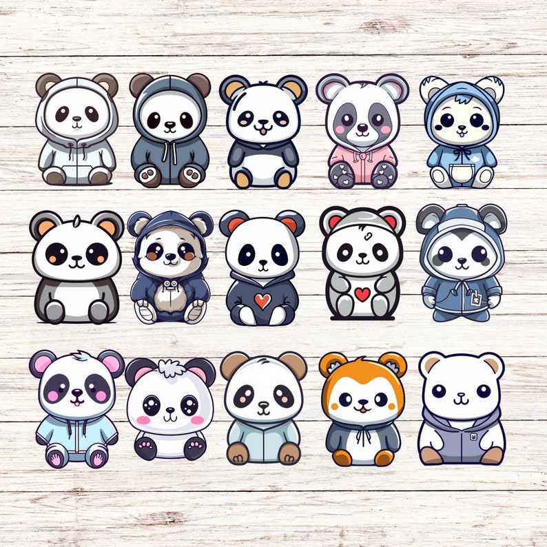 May include: A collection of fifteen cartoon panda bear illustrations. Each panda is wearing a hooded sweatshirt in various colors, including white, blue, gray, and pink. The pandas have black and white fur and are set against a light wood grain background.
