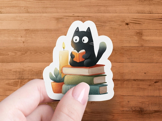 Black Cat Reading Sticker: Book Lover Laptop Decal
