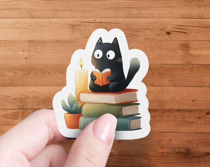 Black Cat Reading Sticker: Book Lover Laptop Decal