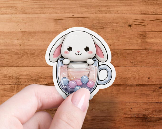 Kawaii Bunny Boba Tea Sticker - Rabbit Bubble Drink Decal for Laptop Planner Water Bottle
