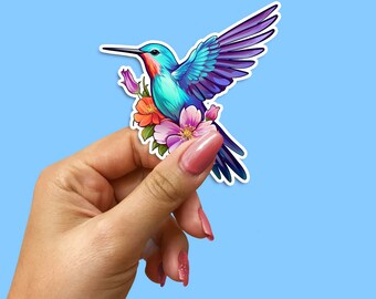 Adesivo de vinil com beija-flor e flores: adesivo de arte à prova de intempéries
