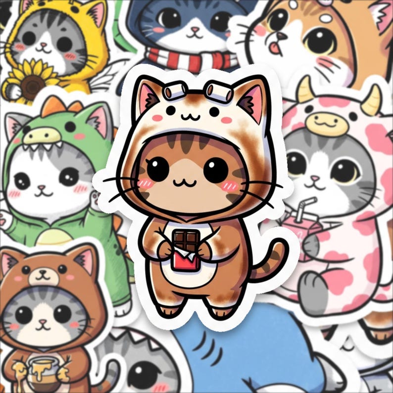 Cat Costume Sticker Pack Glossy Kawaii Animal Vinyl Stickers Set - Etsy