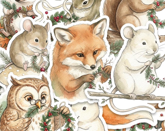 Christmas Woodland Animal Sticker Pack, 15 Pieces, 2 Inch Vinyl, Gloss Finish