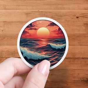 Bellissimo adesivo tramonto sull'oceano, decalcomania scena spiaggia vibrante, adesivo ispirato alla natura, perfetto per laptop e bottiglie d'acqua