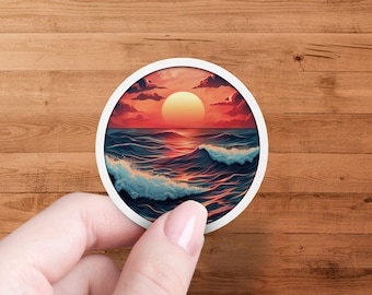 Beautiful Ocean Sunset Sticker, Vibrant Beach Scene Decal, Nature Inspired Sticker, Perfect for Laptops and Water Bottles