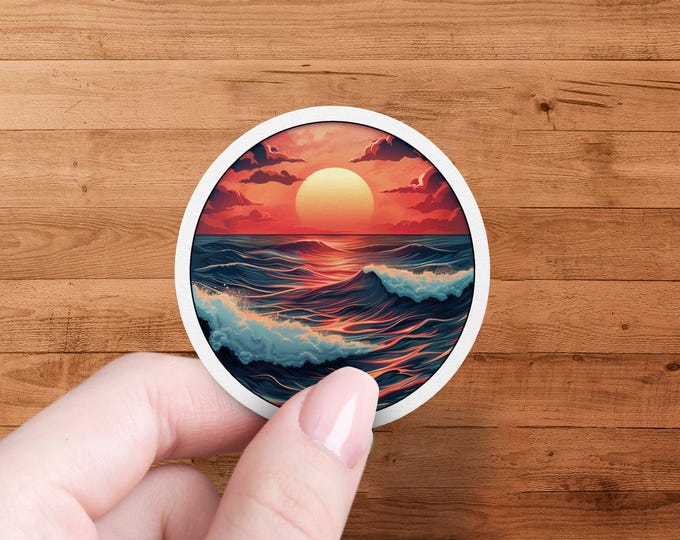 Beautiful Ocean Sunset Sticker, Vibrant Beach Scene Decal, Nature Inspired Sticker, Perfect for Laptops and Water Bottles
