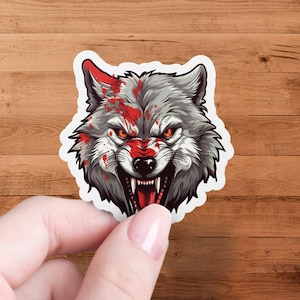 Sticker loup féroce, sticker loup pour ordinateurs portables, sticker animal fenêtre de voiture, oeuvre d'art loup rouge et gris, sticker aventure en plein air