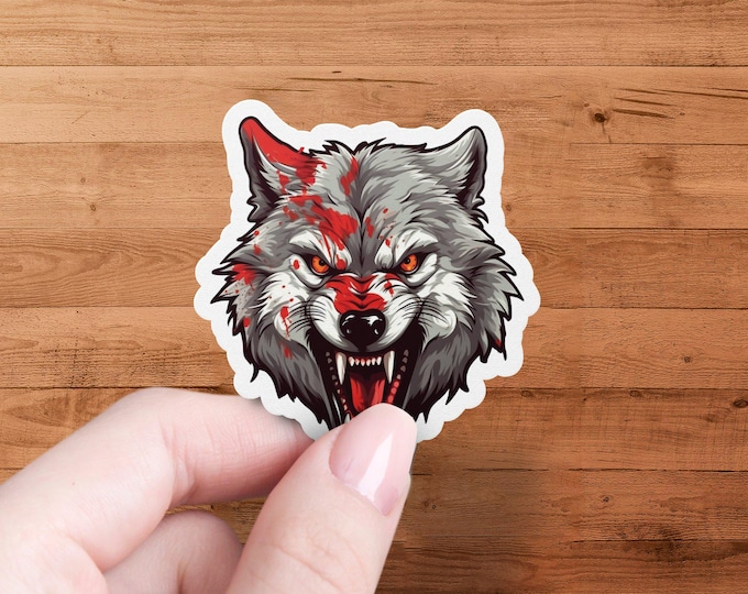 Fierce Wolf Sticker, Wolf Decal for Laptops, Car Window Animal Sticker, Red and Grey Wolf Artwork, Outdoor Adventure Sticker