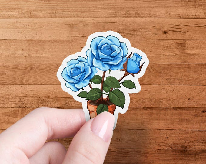 Blue Rose Flower Sticker, Plant Sticker, Floral Art Sticker, Waterproof Vinyl Sticker, Laptop and Water Bottle Decal
