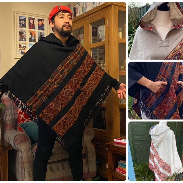 Poncho chaud en laine à capuche pour méditation, poncho chaud fait à la main au Népal, extérieur doux multicolore