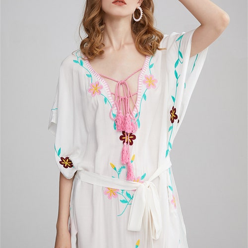 Summer Heavy Embroidered Cotton Linen shops Beach Bohemian Dress Vacation Sunscreen Maxi Dress
