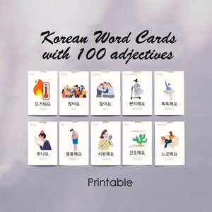 Adjetivos de tarjetas didácticas coreanas 100 (descarga imprimible/digital) / Estudiar coreano / Lean Korean / 한국어공부 /