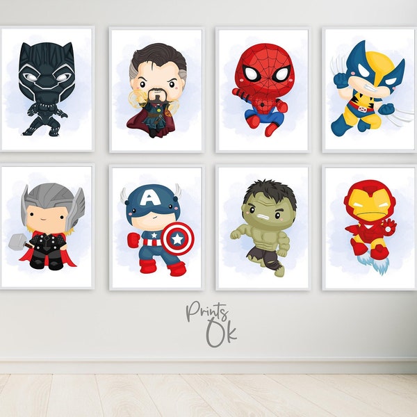 Set 8 arte da parete per vivaio Marvel Avengers, arredamento stampabile Avengers, stampe per cameretta per bambini Avenger, stampe d'arte da parete con poster Marvel, arredamento di supereroi