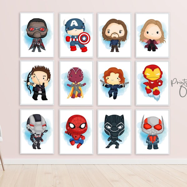 Set 12 Avengers captain america civil war nursery wall art, marvel avengers kids room, superhero nursery art, marvel prints, poster avengers