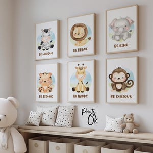 Arte de pared para guardería de safari, juego de 6 imprimibles, temática de jungla para bebé, estampados de animales, decoración para niños, arte para habitación de niños, póster de animales del bosque, sé amable