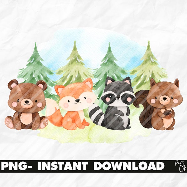 Woodland Sublimation PNG, Woodland Printables, Animals Forest Design, Gift T shirt Design, Cute Woodland, Animals Watercolor, Kids Designs