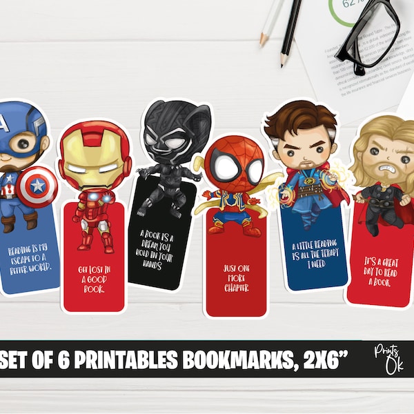 Set of 6 Superhero bookmarks digital,  Hero prints, book lover gift, motivational bookmarks, quote bookmarks, watercolor book