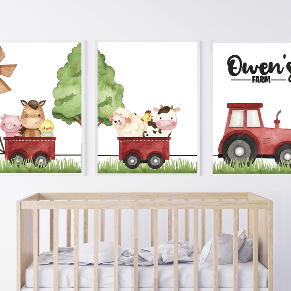 Set 3 Farm nursery personalised name wall art, farm custom nursery kids room, animals nursery prints, farm prints nursery decor , gift kids