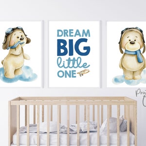 Decoración del vivero del oso aviador, arte de la pared imprimible del oso, vivero del arte del peluche, bebé del oso de la acuarela, sueño grande pequeño, cartel niños habitación set 3