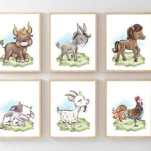 Set 6 decoración de vivero de granja, granja de carteles imprimible, habitación de bebé animal, habitación de niños de granja, impresiones de sala de juegos, decoración hpuse de granja, arte de pared de granja