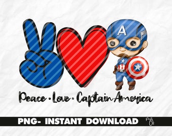 Peace love Captain America PNG, peace love sublimation superhero, peace transfer avengers, peace avengers printable, kids sublimation