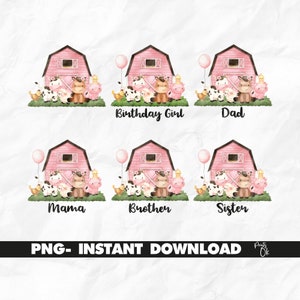 Boerderij familie bundel PNG, boerderij verjaardag meisje, 6 PNG verjaardag meisje, boerderij sublimatie, boerderij verjaardagsfeestje, ontwerpen babykleding, roze boerderij