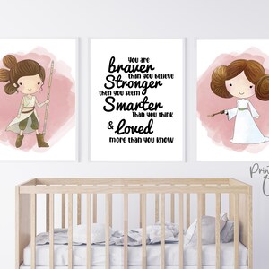 Set 3 arte de pared de guardería de star wars, eres impresiones más valientes, decoración imprimible de la habitación de las niñas, impresiones de guardería de superhéroes, rey star wars, leia organa