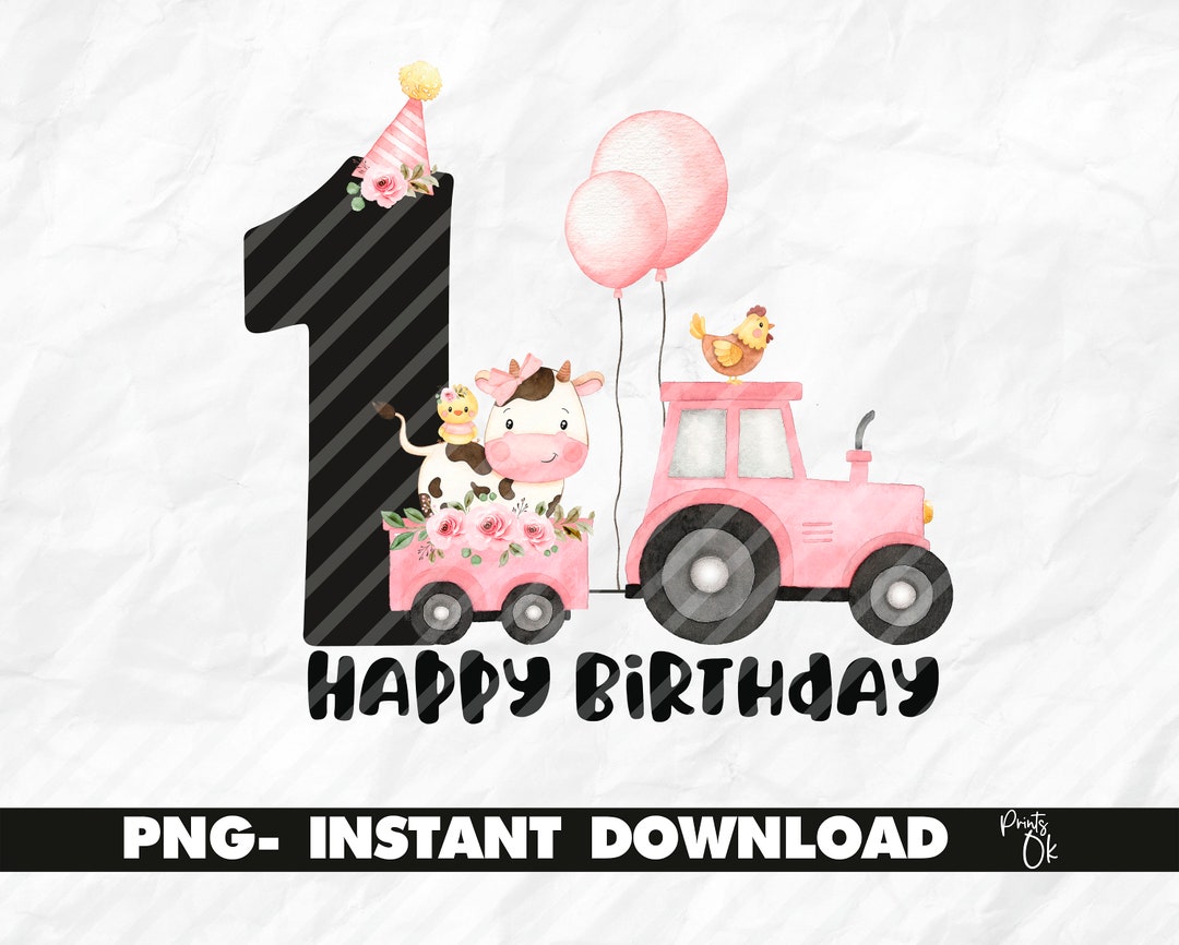 Happy Birthday 1st Farm, Pink Farm Animals PNG for Sublimation, Farm ...