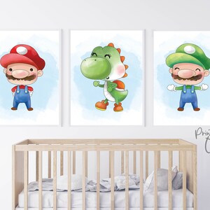 Mario wall art prints, set of 3 prints, mario nursery, baby room decor, kids room decor modern, character design, super mario gift kids