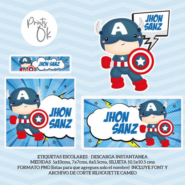 Superhero label school, captain america label school editable, edit name edit school labels notebooks, silhouette cameo, back to school