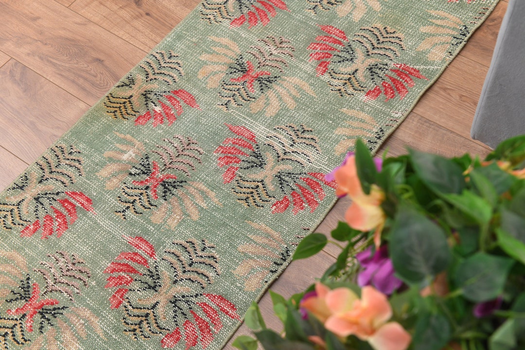 1'12x8'2 Ft TURKISH VINTAGE RUNNER, Faded Runner Rug, Geen Rug, Turkey