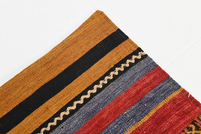 May include: A woven textile featuring a series of parallel stripes in mustard yellow, black, blue, and red. A thin, cream-colored zigzag line separates the black and blue sections, and a small portion of a geometric pattern is visible at the corner.